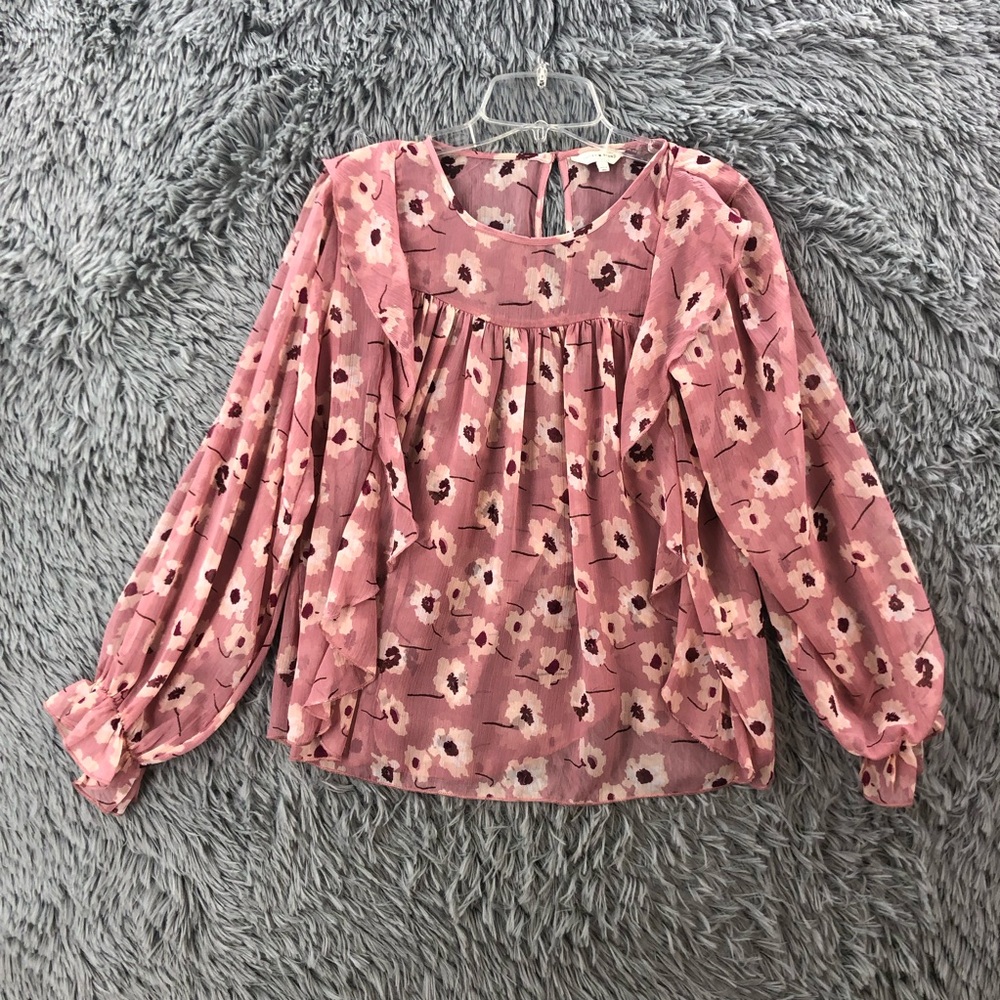 Lucky Brand Blouse Womens Small Floral Balloon Sleeves Ruffle Edge Pink Keyhole - Picture 1 of 13